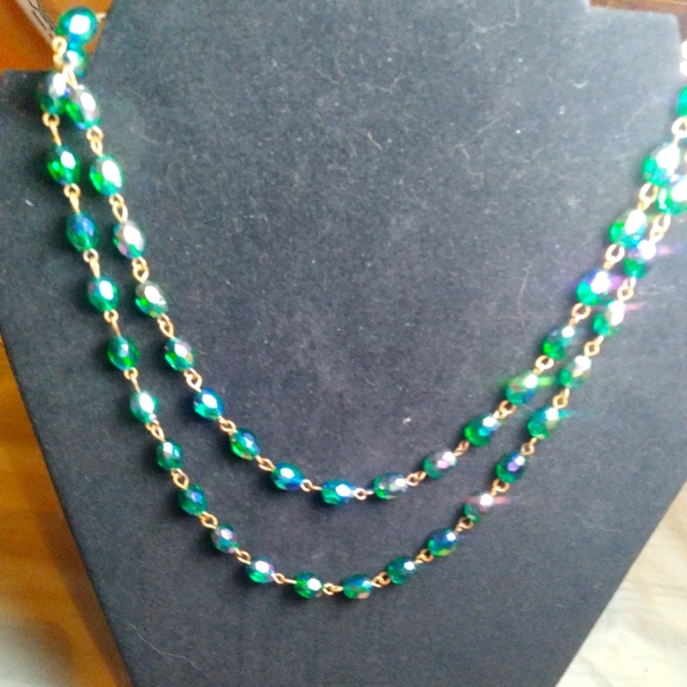 AB crystal double strand choker. Peacock crystals. Greens and purple.